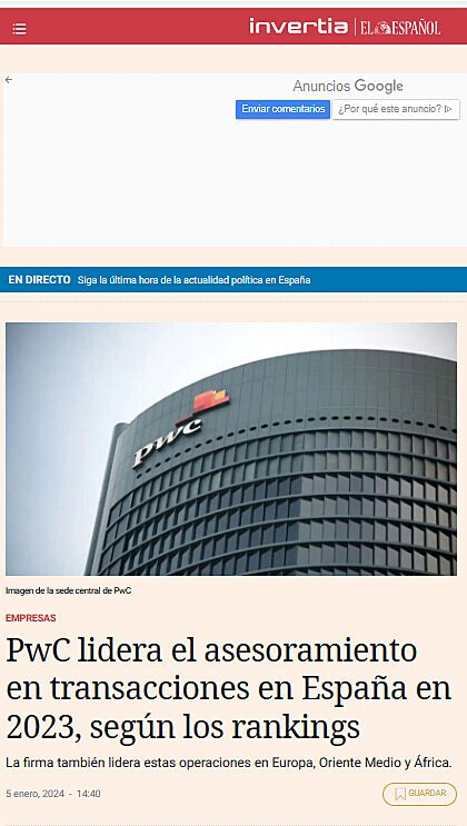PwC lidera el asesoramiento en transacciones en Espaa en 2023, segn los rankings